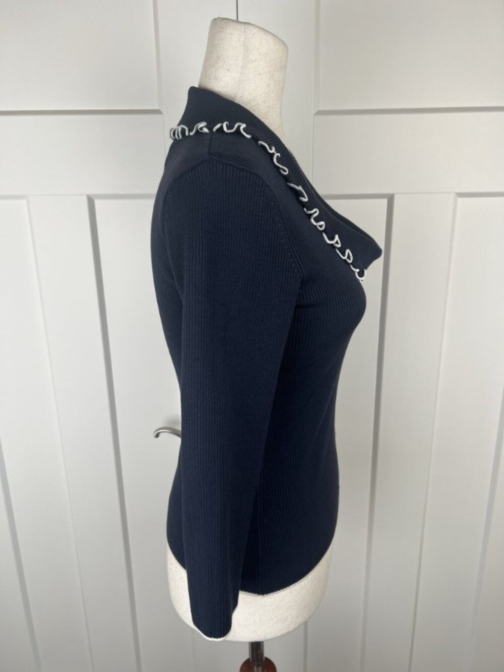 Vintage Cache Navy Silk Blend Rib Knit Cowl Neck Top Contrast Trim M - Picture 7 of 9